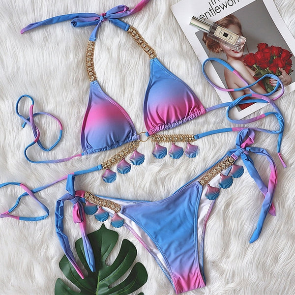 bikini tie dye festival conchas bikini para fiestas trend look rosa azul ropa de baño swimsuit