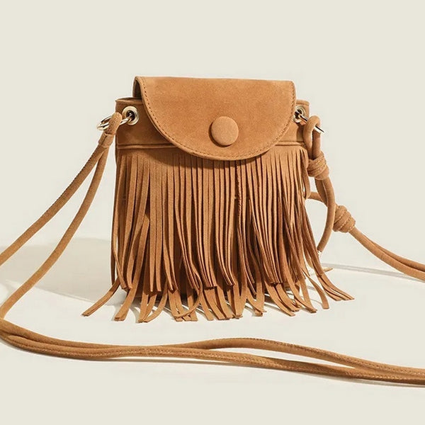 bolso marron camel con flecos bolso con boton cierre original bolsillo cremallera bag moda mujer
