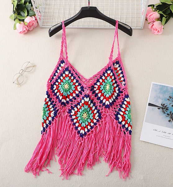 camiseta tirantes flecos festival crochet shirt boho hippie trend 