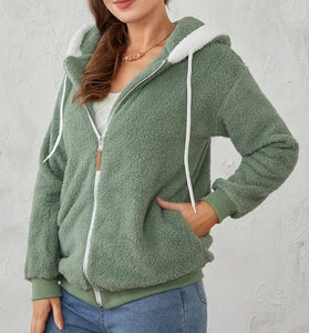 chaqueta verde peluche pelo suave capucha cremallera moda mujer invierno