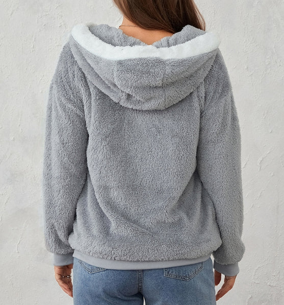 chaqueta gris peluche pelo suave capucha cremallera moda mujer invierno