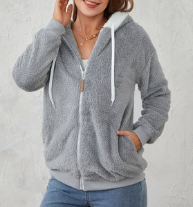 chaqueta gris peluche pelo suave capucha cremallera moda mujer invierno