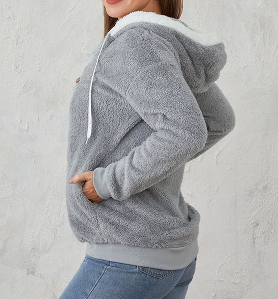 chaqueta gris peluche pelo suave capucha cremallera moda mujer invierno