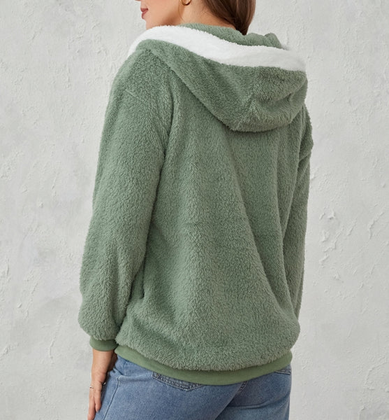 chaqueta verde peluche pelo suave capucha cremallera moda mujer invierno