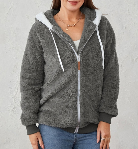 chaqueta gris peluche pelo suave capucha cremallera moda mujer invierno