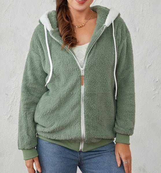 chaqueta verde peluche pelo suave capucha cremallera moda mujer invierno