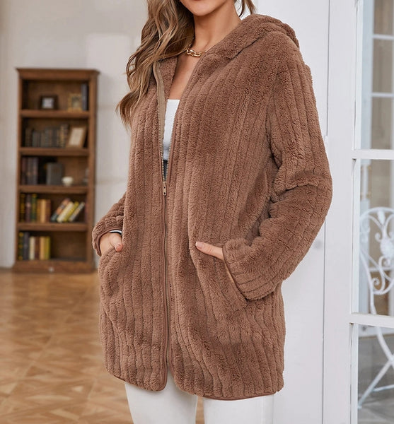 chaqueta suave peluche cremallera felpa capucha ropa moda mujer jacket
