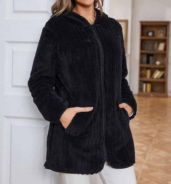 chaqueta suave peluche cremallera felpa capucha ropa moda mujer jacket