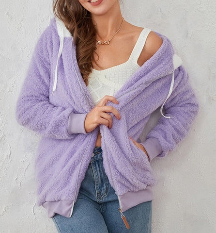 chaqueta lila peluche pelo suave capucha cremallera moda mujer invierno