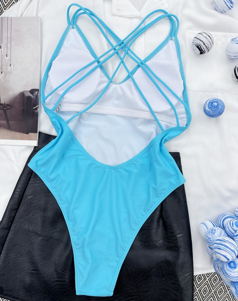 bañador mujer ropa de baño moda verano playa bikini bañador azul tiras espalda inspo summer