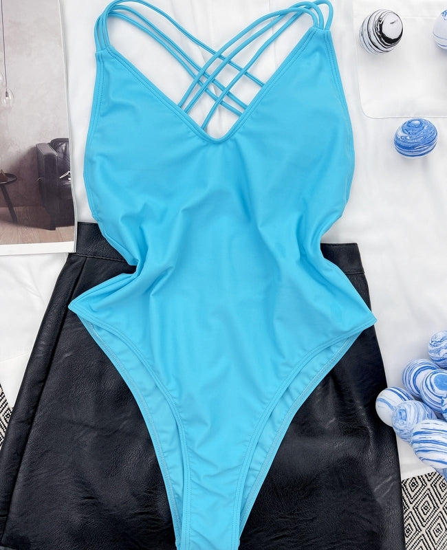 bañador mujer ropa de baño moda verano playa bikini bañador azul tiras espalda inspo summer