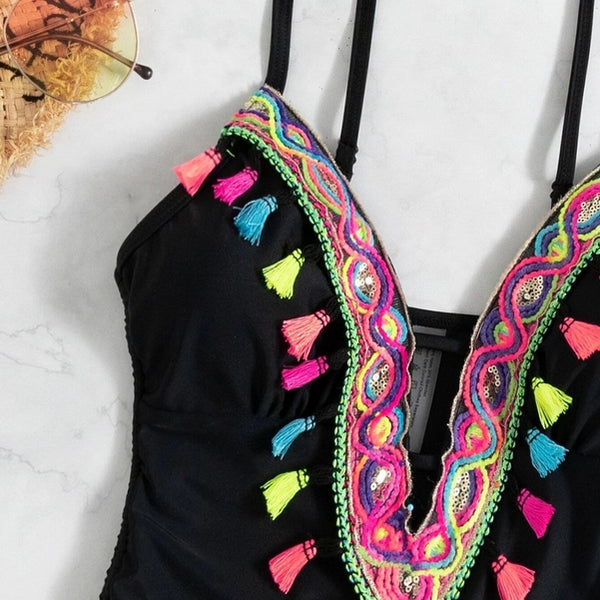 bañador negro con flecos de colores tirantes cuerdas bikini ropa de baño mujer summer inspo