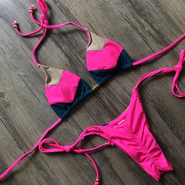 bikini rosa bikini ajustable triangulo halter