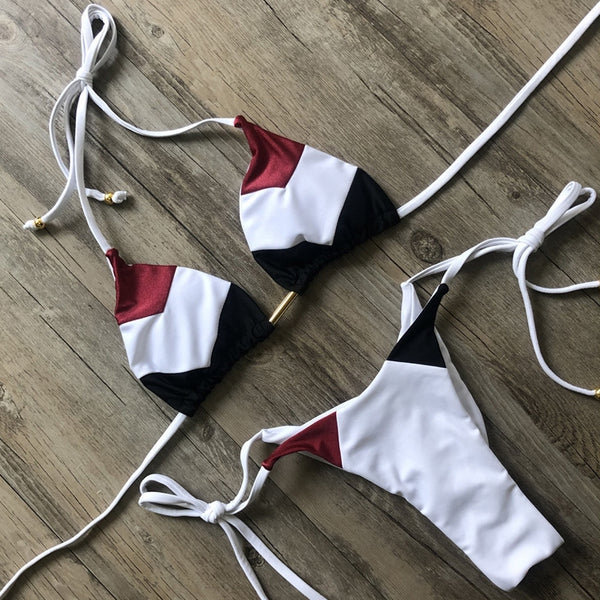 bikini blanco marron ajustable triangulo halter