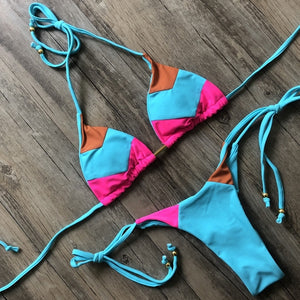 bikini azul bikini ajustable triangulo halter