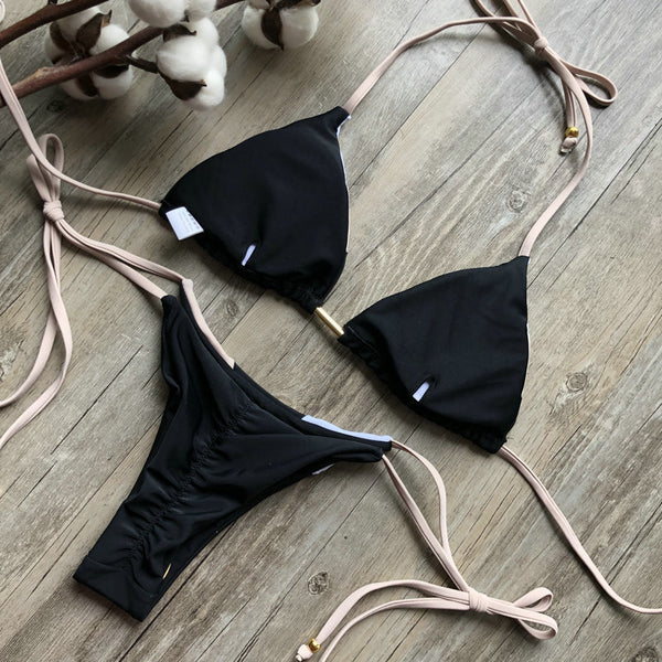 bikini ajustable triangulo halter bikini negro beige
