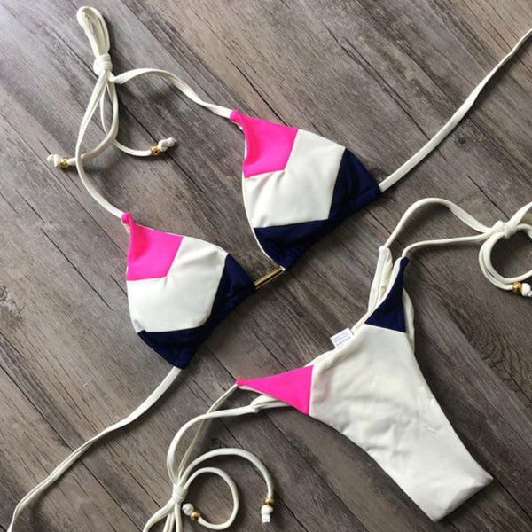 bikini ajustable triangulo halter bikini rosa blanco