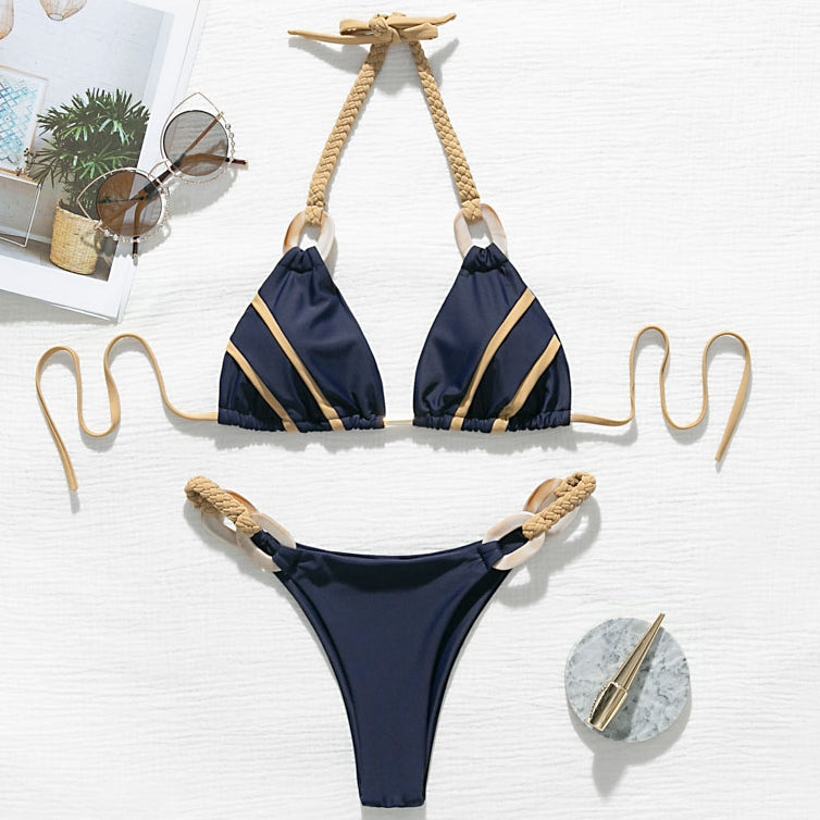 bikini azul dorado bikini cadena cuerdas 