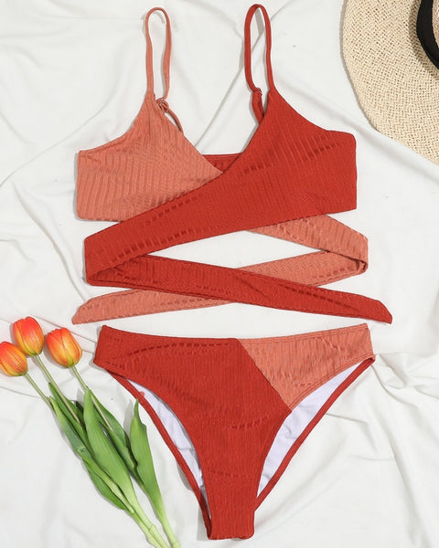 bikini dos colores rojo bandaje tirantes