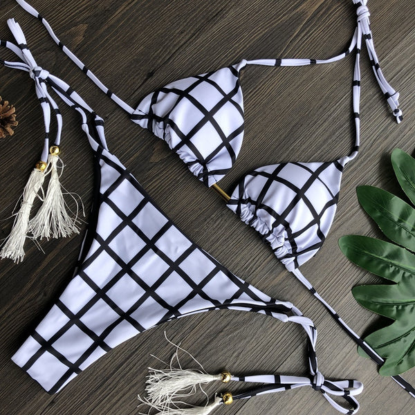 bikini estampado cuadros blancos