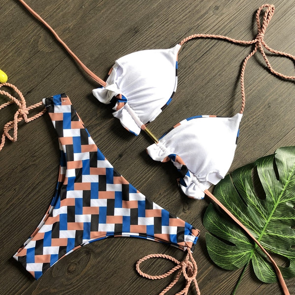 bikini estampado cuadros marrones