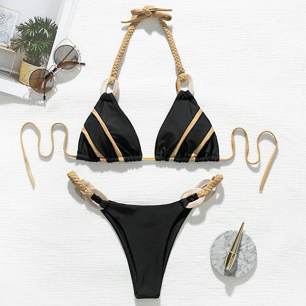 bikini negro dorado bikini cadena cuerdas 