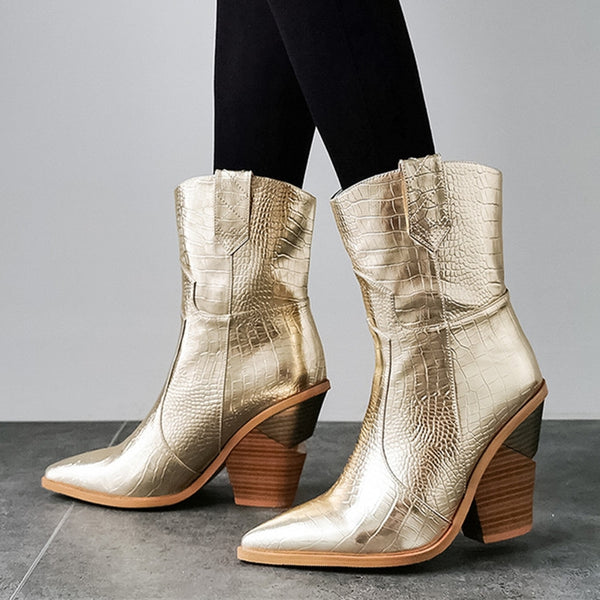 botas doradas diseño invierno 2022 estampadas botas tacon madera boots