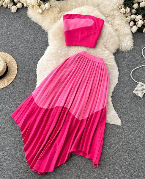 conjunto rosa dos piezas top falda plisada