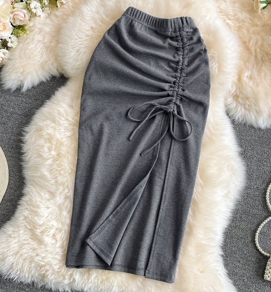 falda elastica gris falda fruncida cuerdas fashion skirt