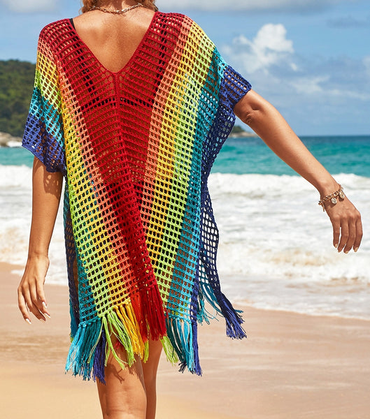 pareo corto vestido de playa crochet summer flecos tunica