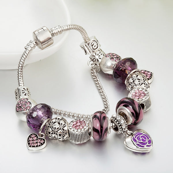 pulsera charm morada pulsera dorada 