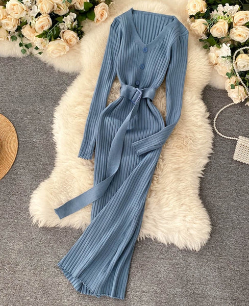 vestido largo azul elastico