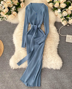 vestido largo azul elastico