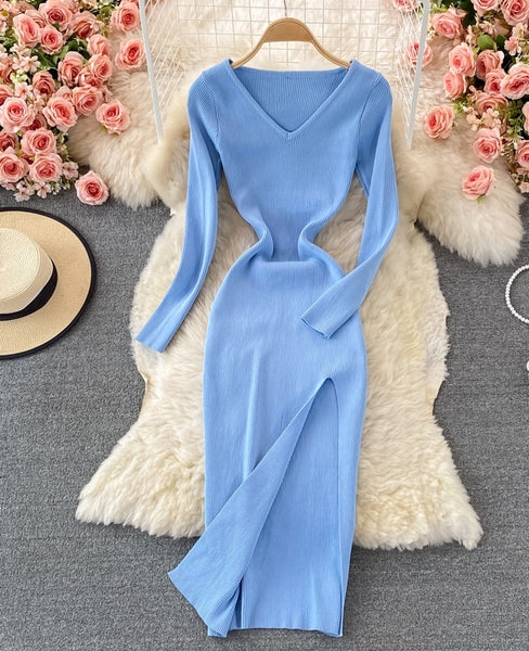 vestido azul largo manga larga elastico