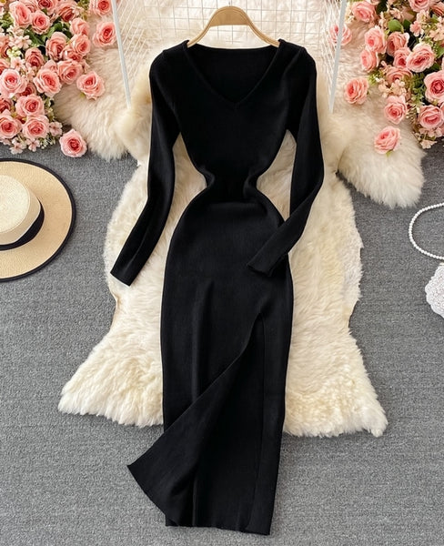 vestido negro largo manga larga elastico