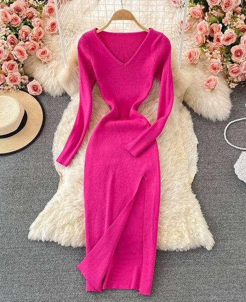 vestido rosa largo manga larga elastico