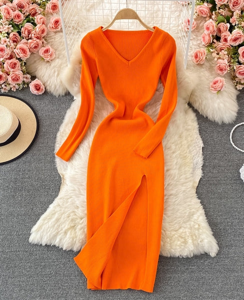 vestido naranja largo manga larga elastico