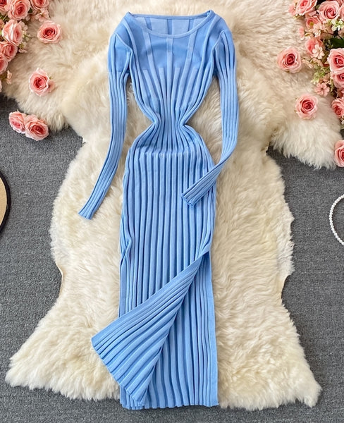 vestido manga larga elastico encaje azul