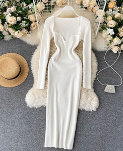 vestido manga larga elastico escote blanco