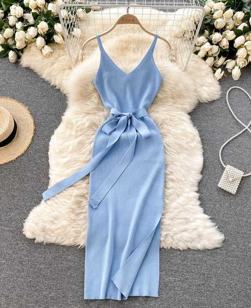 vestido azul tirante elastico formal lazo