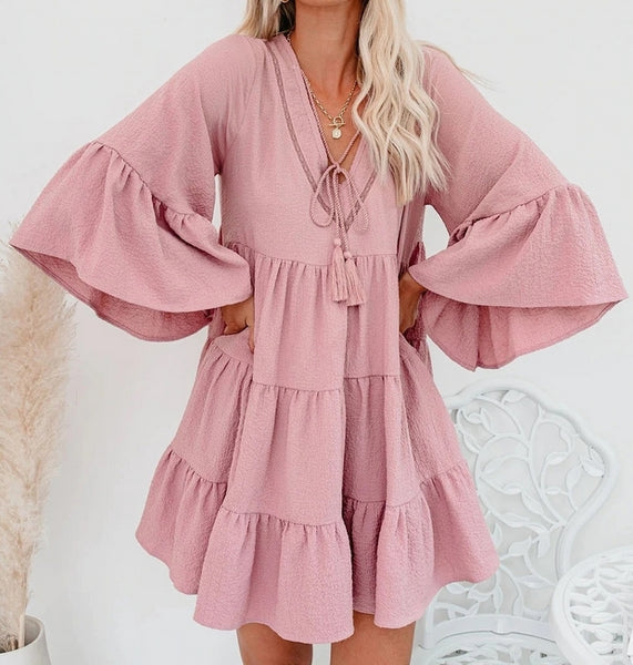 vestido verano plisado vuelo rosa